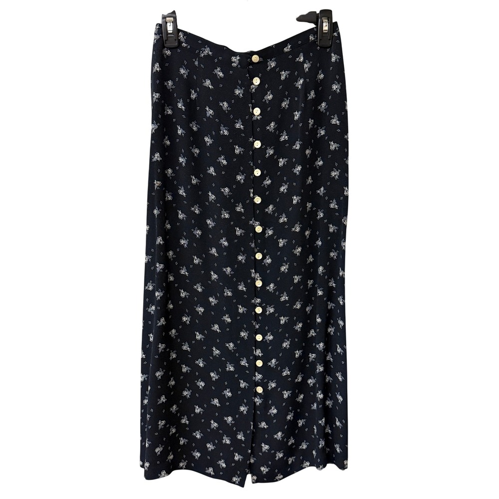 Vintage Tweeds Floral Button Front Midi Skirt Size 6 Cottage Black White Rayon